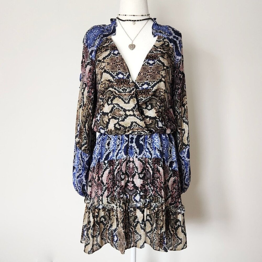 Parker Snakeskin Silk Dress Medium Ruffle‎ Blue Brown Gladis Python Boho Cottage